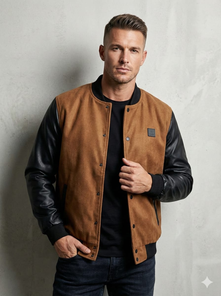 Rare Rabbit Varsity Luxe Suede Bomber Jacket